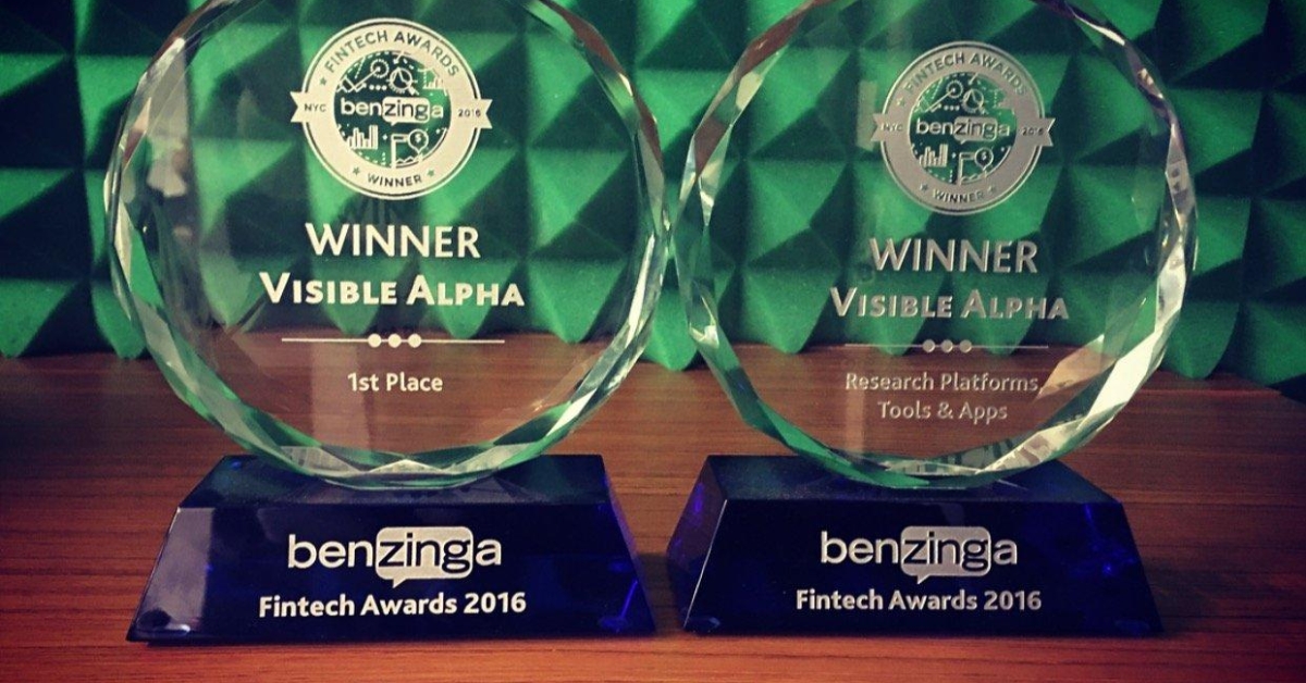 Visible Alpha Recognized As Top Winner Of 2016 Benzinga Fintech Awards